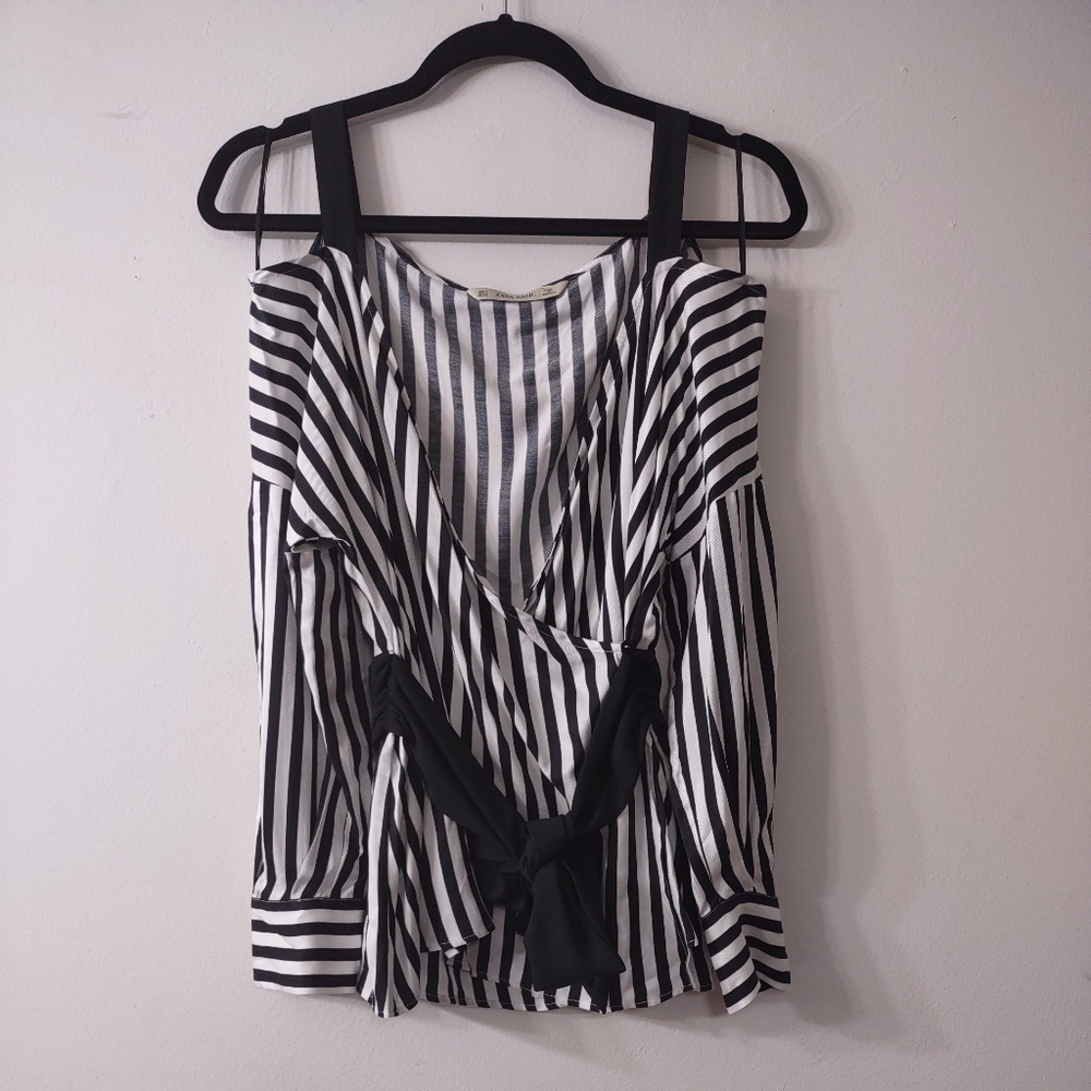 Zara Black and White Striped Off the Shoulder Top, Size Small